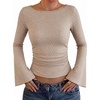image:imageWIHOLL Bell Sleeve Tops for Women Boat Neck Ruched Ribbed Long Sleeve Fall Shirts for Women 2026Brown Plaid
