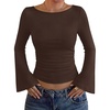 image:imageWIHOLL Bell Sleeve Tops for Women Boat Neck Ruched Ribbed Long Sleeve Fall Shirts for Women 2026Chocolate Brown