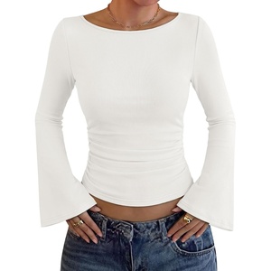 image:imageWIHOLL Bell Sleeve Tops for Women Boat Neck Ruched Ribbed Long Sleeve Fall Shirts for Women 2026All White