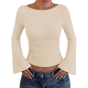 image:imageWIHOLL Bell Sleeve Tops for Women Boat Neck Ruched Ribbed Long Sleeve Fall Shirts for Women 2026Apricot