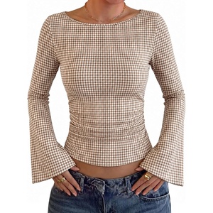 image:imageWIHOLL Bell Sleeve Tops for Women Boat Neck Ruched Ribbed Long Sleeve Fall Shirts for Women 2026Brown Plaid