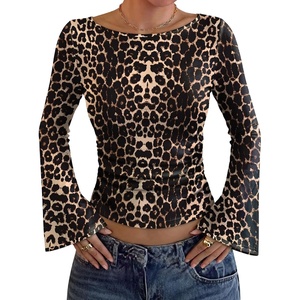 image:imageWIHOLL Bell Sleeve Tops for Women Boat Neck Ruched Ribbed Long Sleeve Fall Shirts for Women 2026Cheetah Leopard Pattern