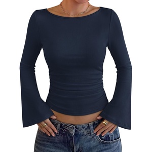 image:imageWIHOLL Bell Sleeve Tops for Women Boat Neck Ruched Ribbed Long Sleeve Fall Shirts for Women 2026Navy Blue