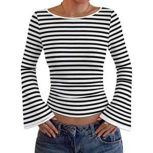 image:imageWIHOLL Bell Sleeve Tops for Women Boat Neck Ruched Ribbed Long Sleeve Fall Shirts for Women 2026Striped Black and White