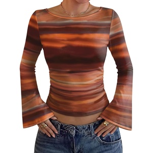 image:imageWIHOLL Bell Sleeve Tops for Women Boat Neck Ruched Ribbed Long Sleeve Fall Shirts for Women 2026Tie Dye Brown Red