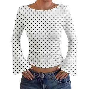 image:imageWIHOLL Bell Sleeve Tops for Women Boat Neck Ruched Ribbed Long Sleeve Fall Shirts for Women 2026White Polka Dots