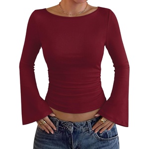 image:imageWIHOLL Bell Sleeve Tops for Women Boat Neck Ruched Ribbed Long Sleeve Fall Shirts for Women 2026Wine Red