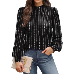 image:imageWIHOLL Long Sleeve Shirts for Women Mock Neck Tops Pleated Front Blouses Dressy Casual Spring Fall Clothes 2026 Fashion02  Black Striped