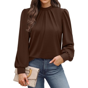 image:imageWIHOLL Long Sleeve Shirts for Women Mock Neck Tops Pleated Front Blouses Dressy Casual Spring Fall Clothes 2026 Fashion03  Brown