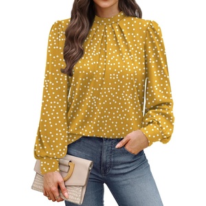 image:imageWIHOLL Long Sleeve Shirts for Women Mock Neck Tops Pleated Front Blouses Dressy Casual Spring Fall Clothes 2026 Fashion03  Yellow Polka Dots