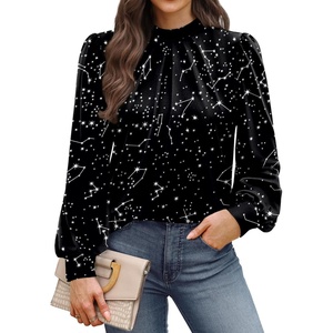 image:imageWIHOLL Long Sleeve Shirts for Women Mock Neck Tops Pleated Front Blouses Dressy Casual Spring Fall Clothes 2026 Fashion04  Black Star Print