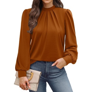image:imageWIHOLL Long Sleeve Shirts for Women Mock Neck Tops Pleated Front Blouses Dressy Casual Spring Fall Clothes 2026 Fashion05  Caramel