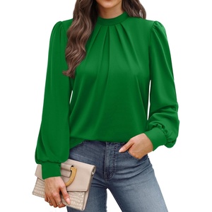 image:imageWIHOLL Long Sleeve Shirts for Women Mock Neck Tops Pleated Front Blouses Dressy Casual Spring Fall Clothes 2026 Fashion06  Green