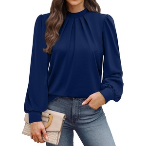 image:imageWIHOLL Long Sleeve Shirts for Women Mock Neck Tops Pleated Front Blouses Dressy Casual Spring Fall Clothes 2026 Fashion06  Navy Blue