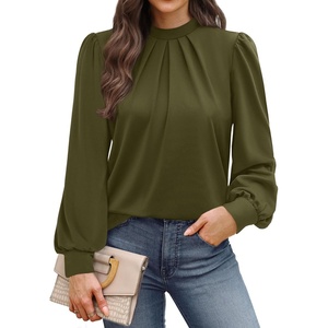 image:imageWIHOLL Long Sleeve Shirts for Women Mock Neck Tops Pleated Front Blouses Dressy Casual Spring Fall Clothes 2026 Fashion07  Army Green