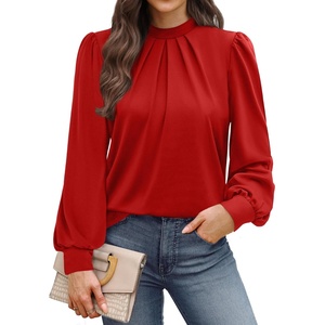 image:imageWIHOLL Long Sleeve Shirts for Women Mock Neck Tops Pleated Front Blouses Dressy Casual Spring Fall Clothes 2026 Fashion08  Red