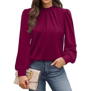 image:imageWIHOLL Long Sleeve Shirts for Women Mock Neck Tops Pleated Front Blouses Dressy Casual Spring Fall Clothes 2026 Fashion09  Purple Red