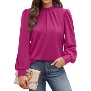 image:imageWIHOLL Long Sleeve Shirts for Women Mock Neck Tops Pleated Front Blouses Dressy Casual Spring Fall Clothes 2026 Fashion10  Pink