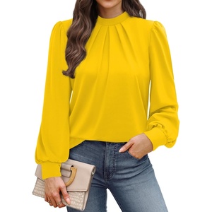image:imageWIHOLL Long Sleeve Shirts for Women Mock Neck Tops Pleated Front Blouses Dressy Casual Spring Fall Clothes 2026 Fashion13  Yellow