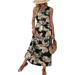 image:imageWIHOLL Summer Dresses Babydoll Maxi Dress Empire Waist Beach Vacation Sundresses 2026 with PocketsBlack Beige Tropical Leaves