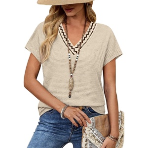 image:imageWIHOLL Summer Tops for Women 2026 Dressy Casual Short Sleeve Shirts Business Casual T Shirts Beach Vacation ClothesBeige Waves