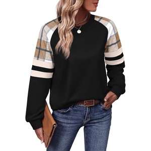 image:imageWIHOLL Sweatshirts for Women Crewneck Long Sleeve Loose Fit Tops Color Block Fashion 2026Black Grid