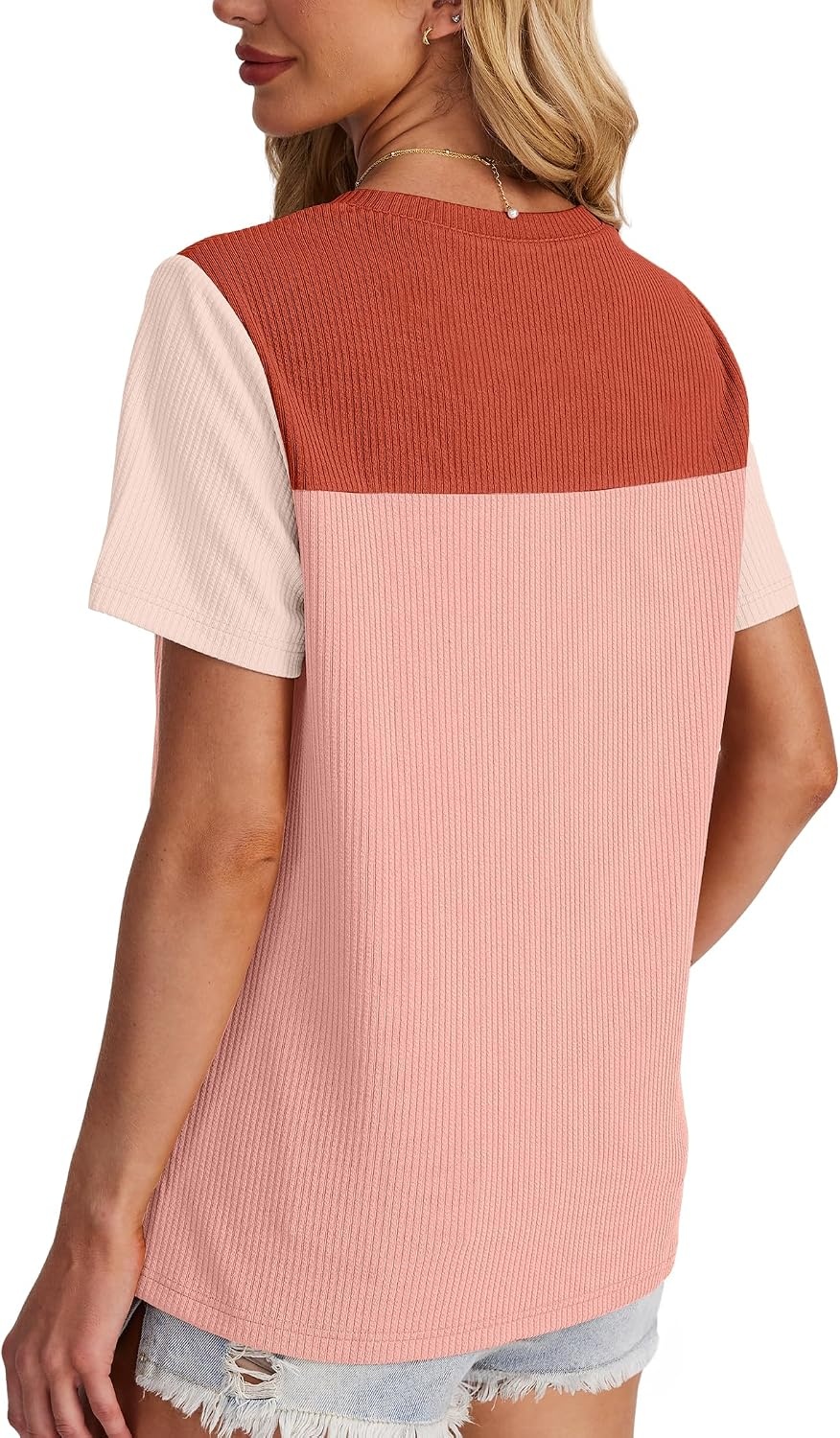 image:imageWIHOLL Womens Fashion 2026 Color Block Shirts Short Sleeve Knitted Summer Fall Tops Casual TrendyLight Coral