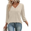 image:imageWIHOLL 34 Length Sleeve Womens Tops Lightweight Summer Fall Outfits  Ribbed Sleeve Patchwork V Neck Color Block Loose Fit Curved HemBeige