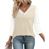 image:imageWIHOLL 34 Length Sleeve Womens Tops Lightweight Summer Fall Outfits  Ribbed Sleeve Patchwork V Neck Color Block Loose Fit Curved HemBeige White