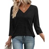image:imageWIHOLL 34 Length Sleeve Womens Tops Lightweight Summer Fall Outfits  Ribbed Sleeve Patchwork V Neck Color Block Loose Fit Curved HemBlack