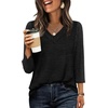 image:imageWIHOLL 34 Length Sleeve Womens Tops Lightweight Summer Fall Outfits  Ribbed Sleeve Patchwork V Neck Color Block Loose Fit Curved HemBlack