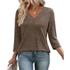 image:imageWIHOLL 34 Length Sleeve Womens Tops Lightweight Summer Fall Outfits  Ribbed Sleeve Patchwork V Neck Color Block Loose Fit Curved HemCoffee