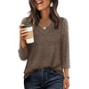 image:imageWIHOLL 34 Length Sleeve Womens Tops Lightweight Summer Fall Outfits  Ribbed Sleeve Patchwork V Neck Color Block Loose Fit Curved HemCoffee