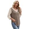 image:imageWIHOLL 34 Length Sleeve Womens Tops Lightweight Summer Fall Outfits  Ribbed Sleeve Patchwork V Neck Color Block Loose Fit Curved HemCoffee Beige