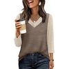 image:imageWIHOLL 34 Length Sleeve Womens Tops Lightweight Summer Fall Outfits  Ribbed Sleeve Patchwork V Neck Color Block Loose Fit Curved HemCoffee Beige