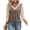 image:imageWIHOLL 34 Length Sleeve Womens Tops Lightweight Summer Fall Outfits  Ribbed Sleeve Patchwork V Neck Color Block Loose Fit Curved HemCoffee Beige