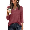 image:imageWIHOLL 34 Length Sleeve Womens Tops Lightweight Summer Fall Outfits  Ribbed Sleeve Patchwork V Neck Color Block Loose Fit Curved HemRed