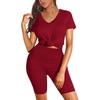 image:imageWIHOLL Two Piece Outfits for Women Short Sleeve V Neck Biker Shorts Set 20261wine Red