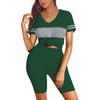 image:imageWIHOLL Two Piece Outfits for Women Short Sleeve V Neck Biker Shorts Set 20263dark Green