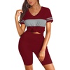 image:imageWIHOLL Two Piece Outfits for Women Short Sleeve V Neck Biker Shorts Set 20263wine Red