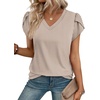 image:imageWIHOLL Womens Tops Dressy Casual Petal Sleeve Summer Spring Short Sleeve V Neck Shirts Work Business Vacation Clothes 2026Striped Khaki