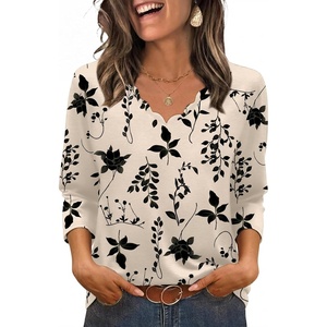 image:imageWIHOLL 34 Length Sleeve Womens Tops Dressy Casual Blouses V Neck Shirts Summer Clothes Early Fall Fashion OutfitsApricot Maple Leaves