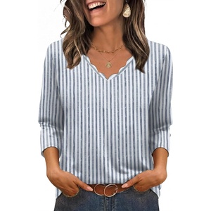 image:imageWIHOLL 34 Length Sleeve Womens Tops Dressy Casual Blouses V Neck Shirts Summer Clothes Early Fall Fashion OutfitsBlue Stripes