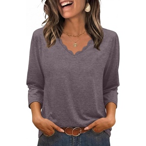 image:imageWIHOLL 34 Length Sleeve Womens Tops Dressy Casual Blouses V Neck Shirts Summer Clothes Early Fall Fashion OutfitsMocha Grey Purple