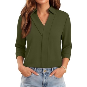 image:imageWIHOLL 34 Length Sleeve Womens Tops Dressy V Neck Collared Shirts Business Casual Work Blouses Summer Vacation Outfits 2026Zarmy Green