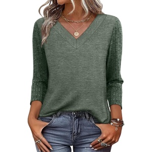 image:imageWIHOLL 34 Length Sleeve Womens Tops Lightweight Summer Fall Outfits  Ribbed Sleeve Patchwork V Neck Color Block Loose Fit Curved HemGreen