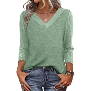 image:imageWIHOLL 34 Length Sleeve Womens Tops Lightweight Summer Fall Outfits  Ribbed Sleeve Patchwork V Neck Color Block Loose Fit Curved HemLight Green