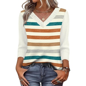 image:imageWIHOLL 34 Length Sleeve Womens Tops Lightweight Summer Fall Outfits  Ribbed Sleeve Patchwork V Neck Color Block Loose Fit Curved HemPrint 01