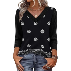 image:imageWIHOLL 34 Length Sleeve Womens Tops Lightweight Summer Fall Outfits  Ribbed Sleeve Patchwork V Neck Color Block Loose Fit Curved HemPrint 03