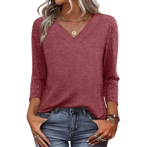 image:imageWIHOLL 34 Length Sleeve Womens Tops Lightweight Summer Fall Outfits  Ribbed Sleeve Patchwork V Neck Color Block Loose Fit Curved HemRed